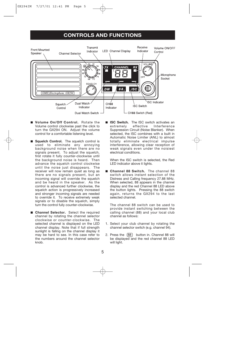 Controls and functions | GME GX294 User Manual | Page 5 / 12