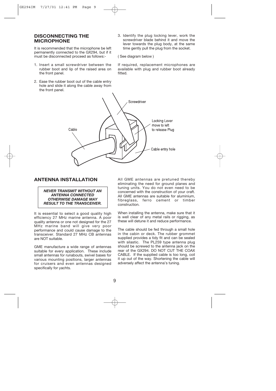 Antenna installation, Disconnecting the microphone | GME GX294 User Manual | Page 9 / 12
