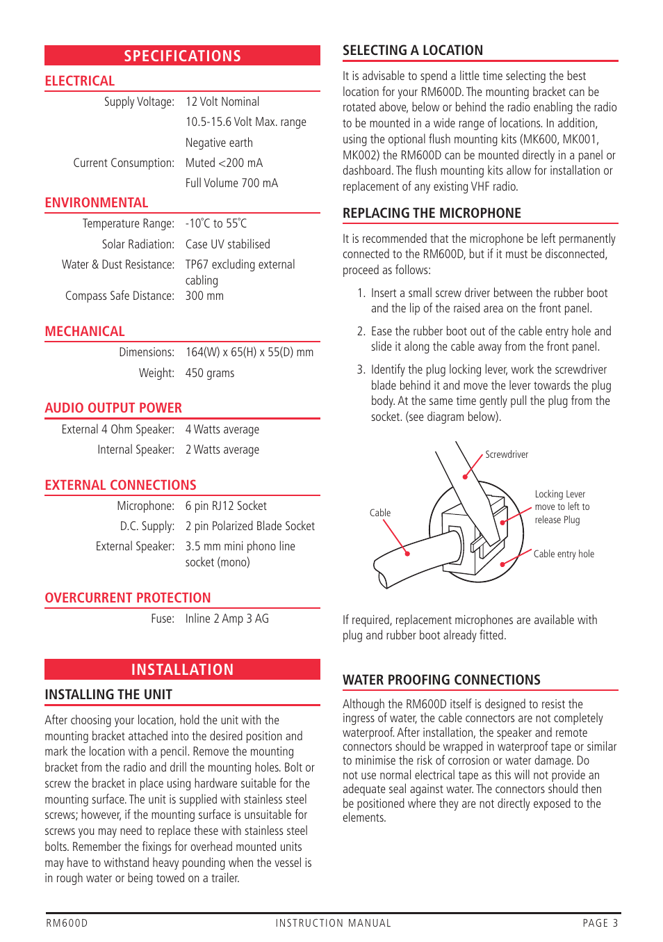 Specifications, Installation | GME RM600D User Manual | Page 3 / 4