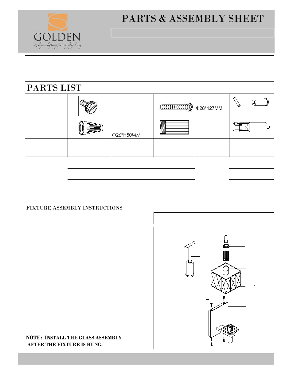 Parts & assembly sheet, Parts list | Golden Lighting 1035-BA1 CH User Manual | Page 2 / 2