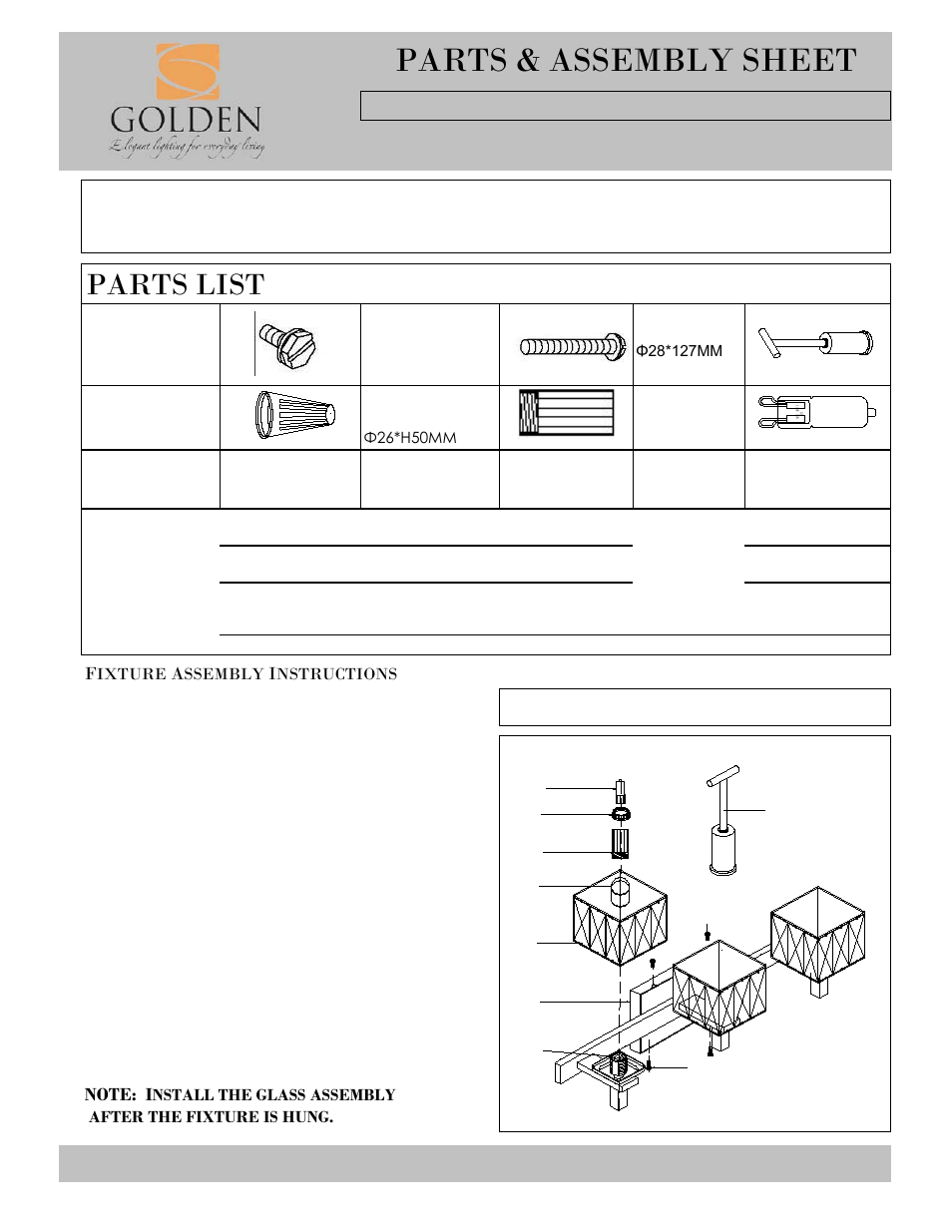 Parts & assembly sheet, Parts list | Golden Lighting 1035-BA3 CH User Manual | Page 2 / 2