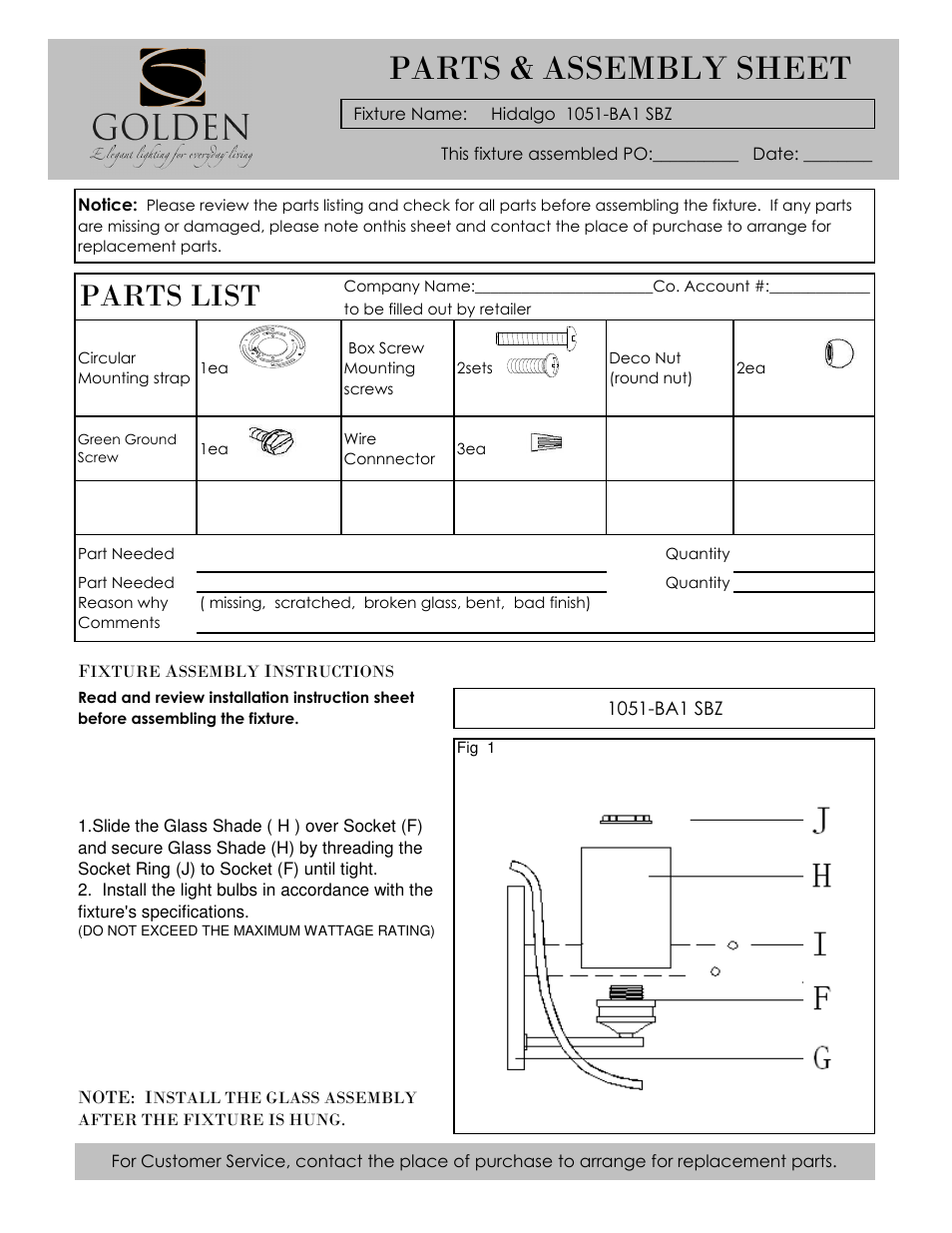 Golden Lighting 1051-BA1 SBZ User Manual | 2 pages
