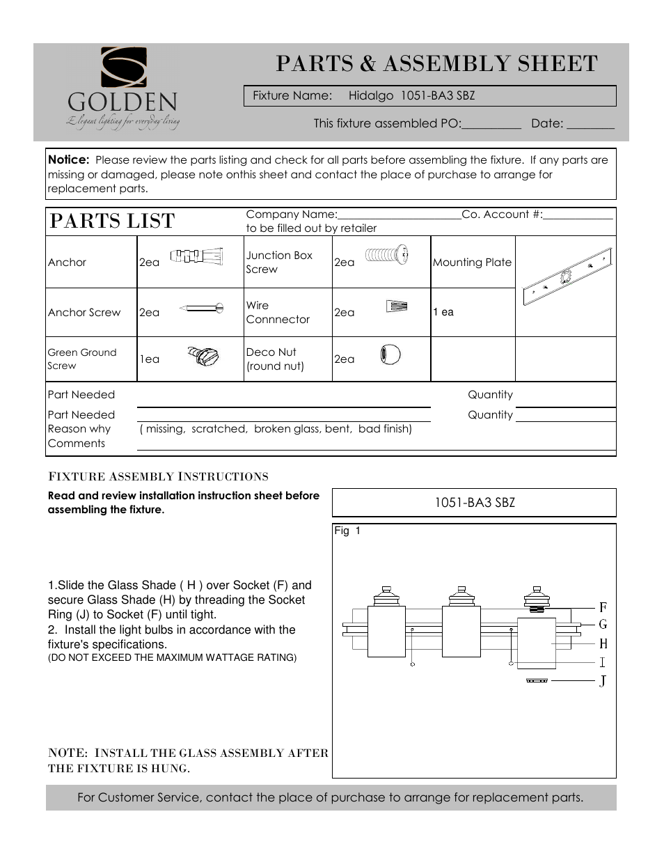 Golden Lighting 1051-BA3 SBZ User Manual | 2 pages