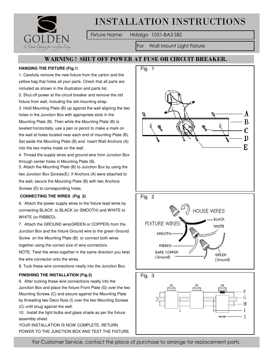 Installation instructions | Golden Lighting 1051-BA3 SBZ User Manual | Page 2 / 2