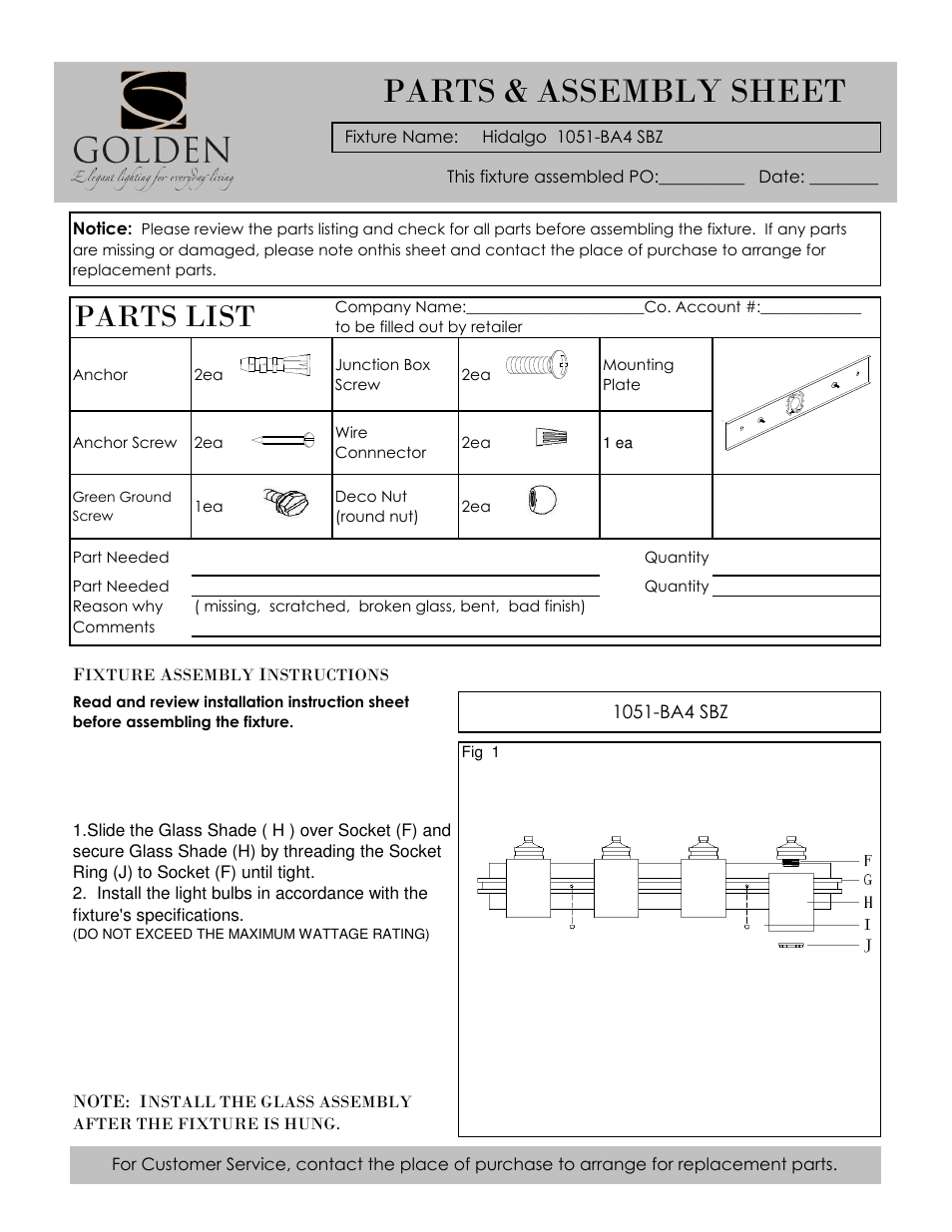 Golden Lighting 1051-BA4 SBZ User Manual | 2 pages