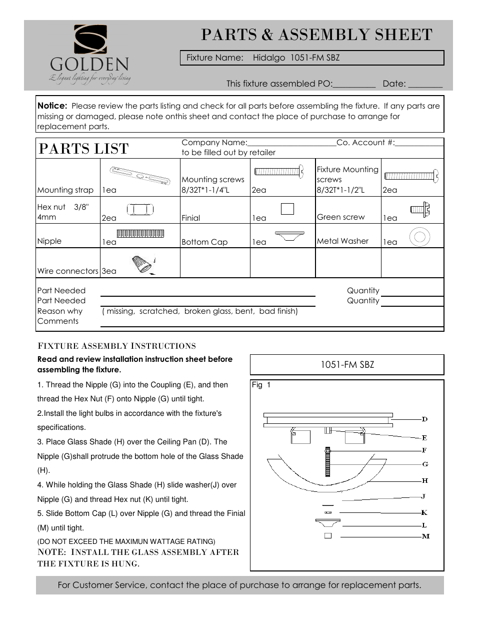 Golden Lighting 1051-FM SBZ User Manual | 2 pages