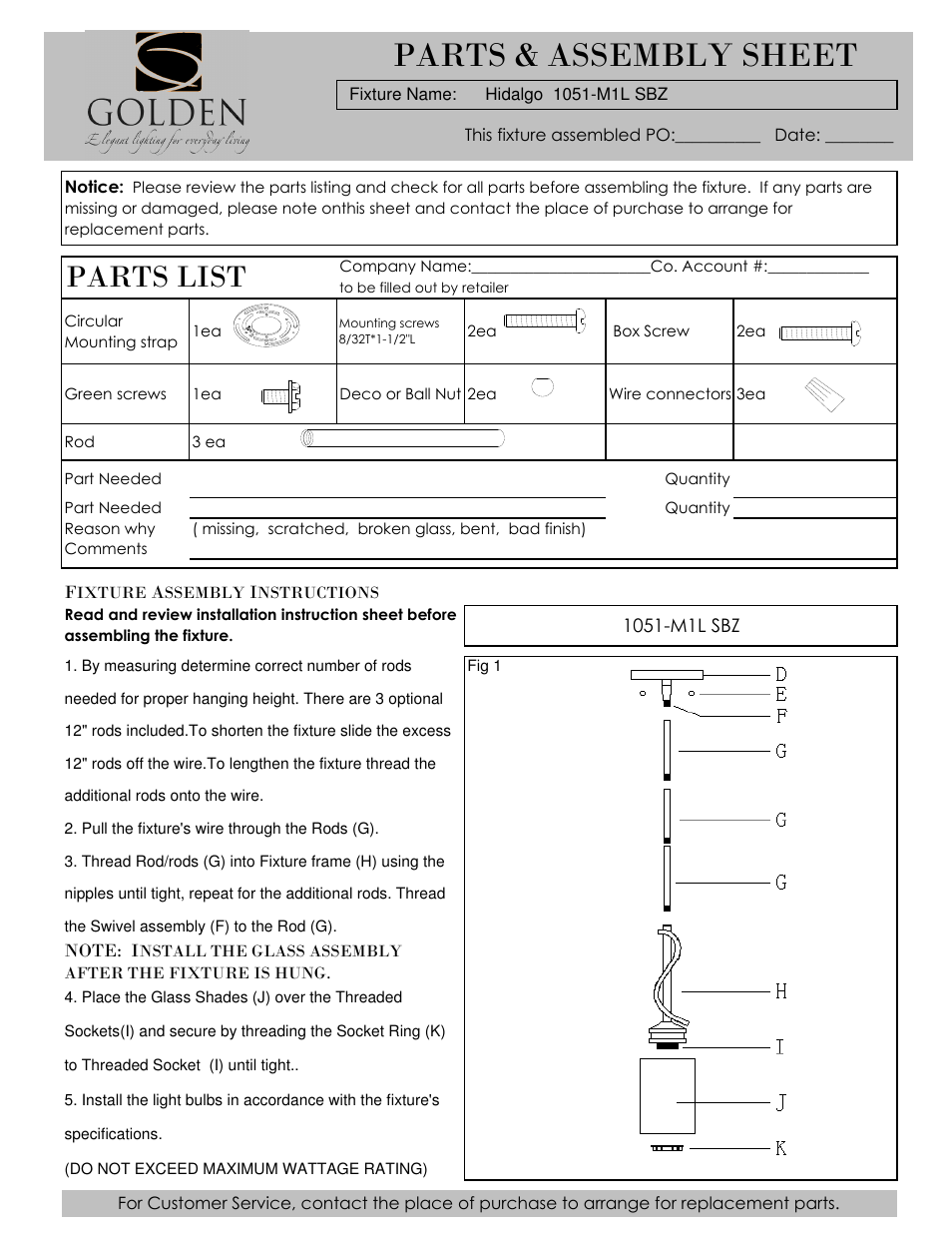 Golden Lighting 1051-M1L SBZ User Manual | 2 pages