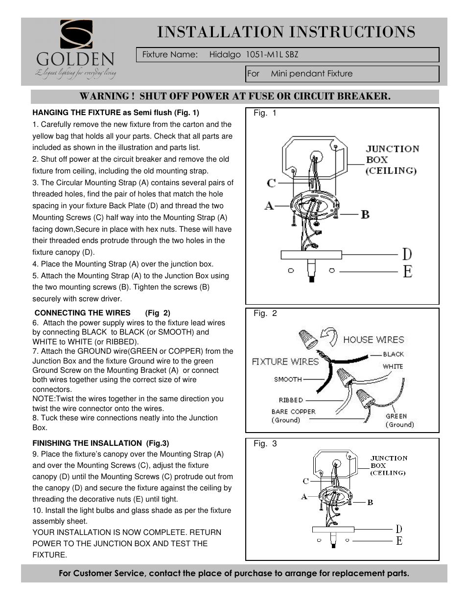 Installation instructions | Golden Lighting 1051-M1L SBZ User Manual | Page 2 / 2