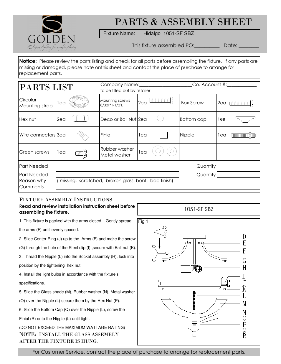 Golden Lighting 1051-SF SBZ User Manual | 2 pages