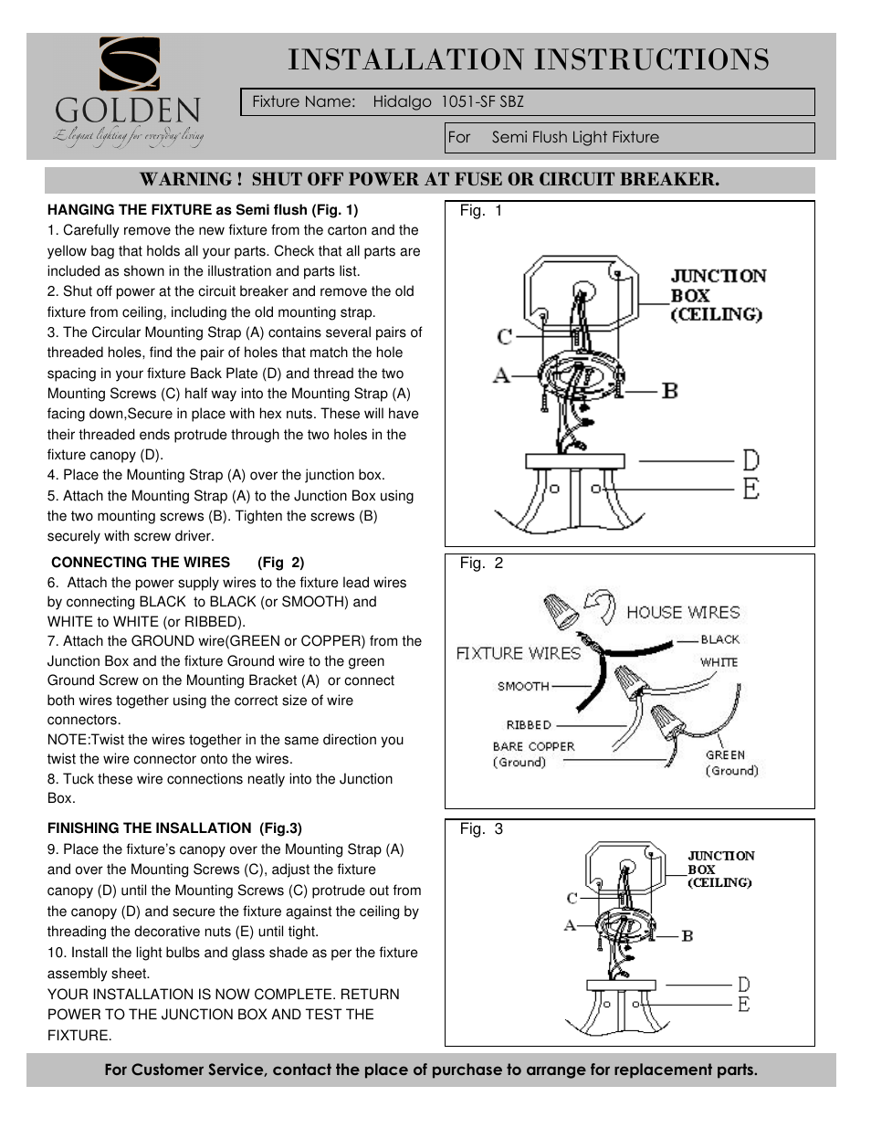 Installation instructions | Golden Lighting 1051-SF SBZ User Manual | Page 2 / 2