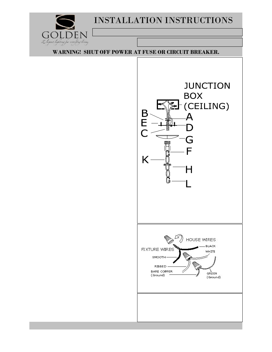 1157-6,4,3,m1l-c, Installation instructions, Warning! shut off power at fuse or circuit breaker | Golden Lighting 1157-6P AB User Manual | Page 3 / 3