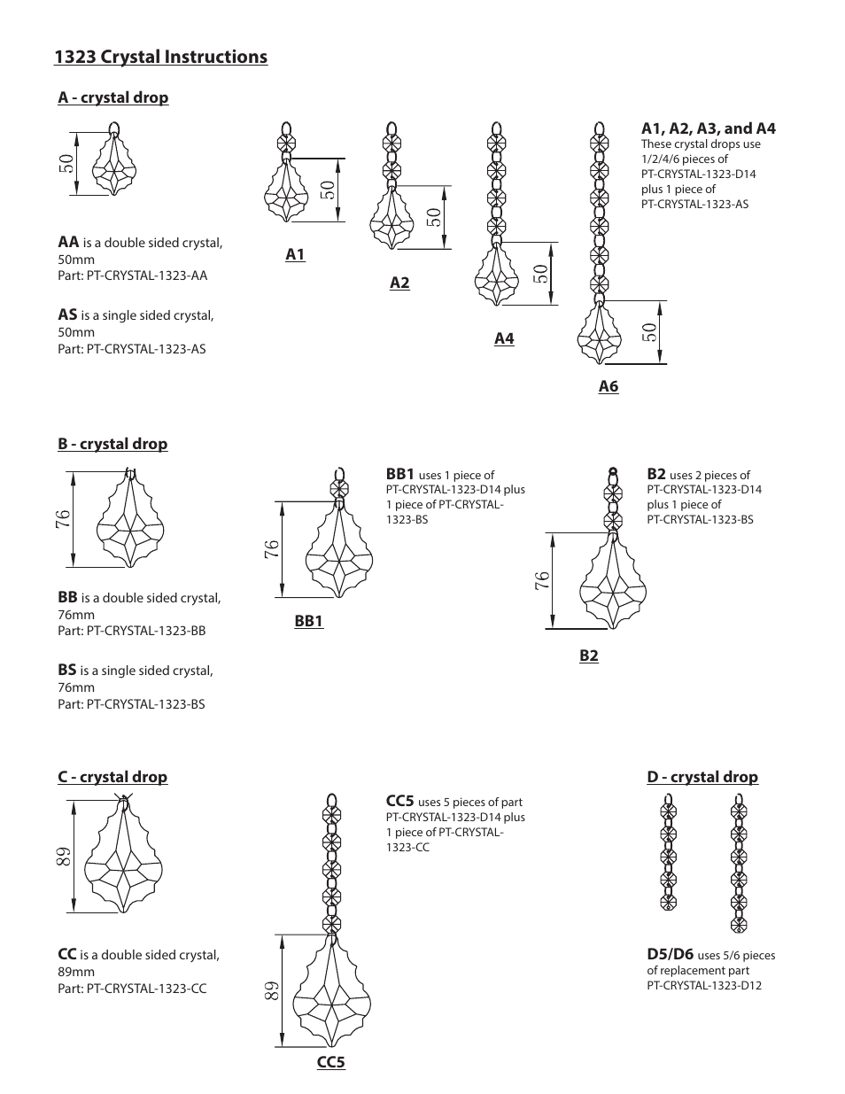 1323 crystal diagram, 1323 crystal instructions | Golden Lighting 1323-1W WG User Manual | Page 2 / 2