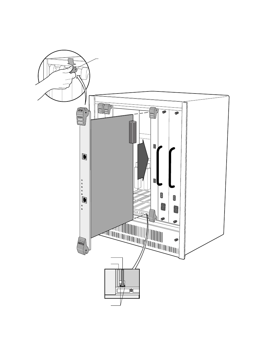 Figure 2-5, Installing csm in slot 9 -8, Rotate ejector to lock in place | Metal backpanel card guides circuit card | Cabletron Systems 6500 User Manual | Page 28 / 150