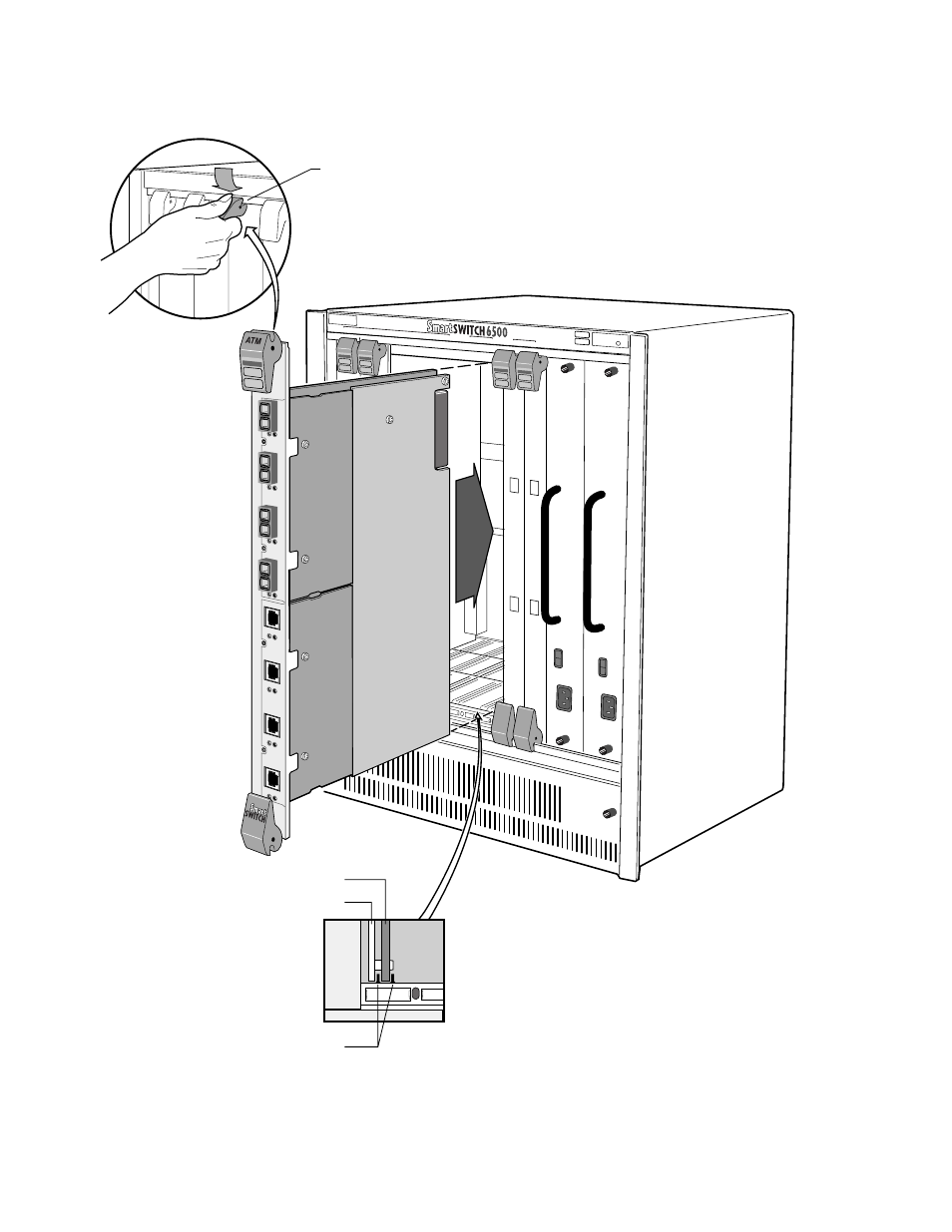 Figure 2-7, Installing a tsm/cpu module in slot 8 -10, Figure 2-7 installing a tsm/cpu module in slot 8 | Cabletron Systems 6500 User Manual | Page 30 / 150