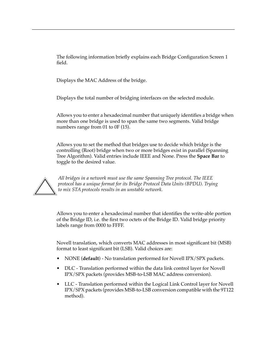 Bridge configuration screen fields (screen 1) | Cabletron Systems Expansion module 9T122-08 User Manual | Page 10 / 36