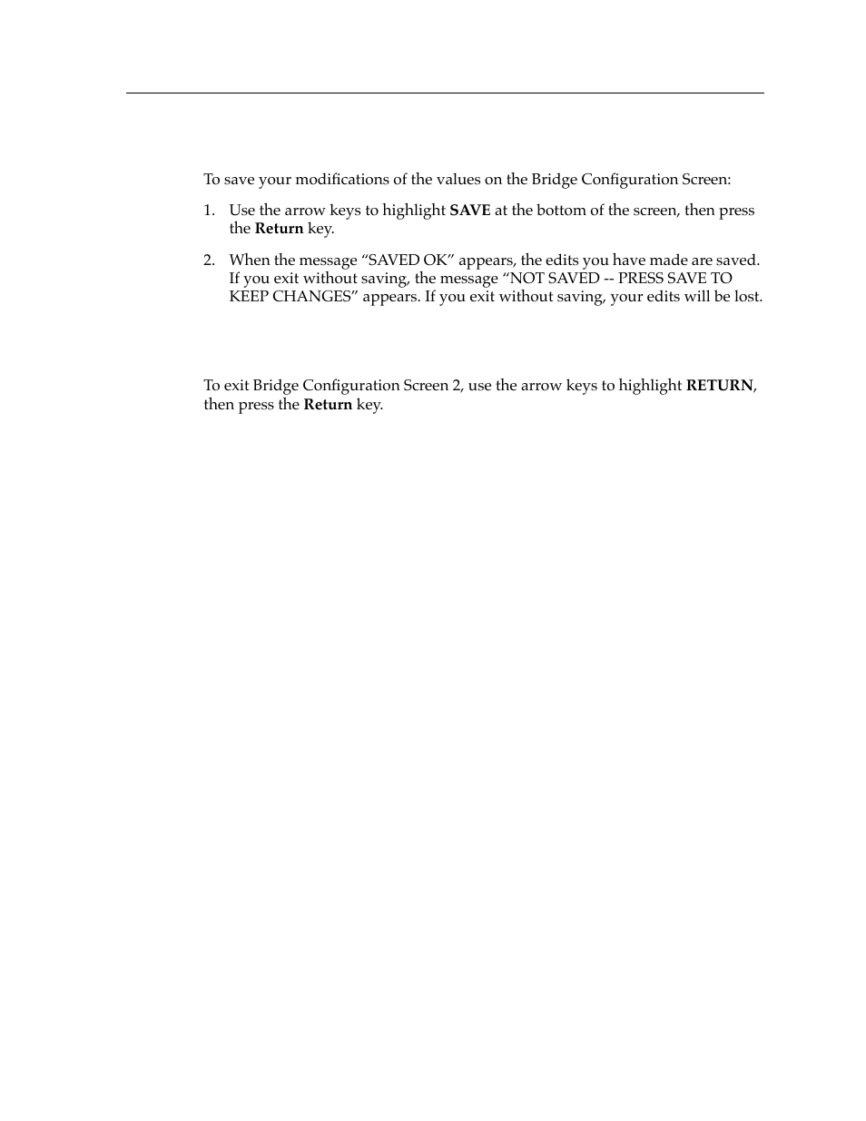 Saving modifications, Exiting bridge configuration screen 2 | Cabletron Systems Expansion module 9T122-08 User Manual | Page 15 / 36