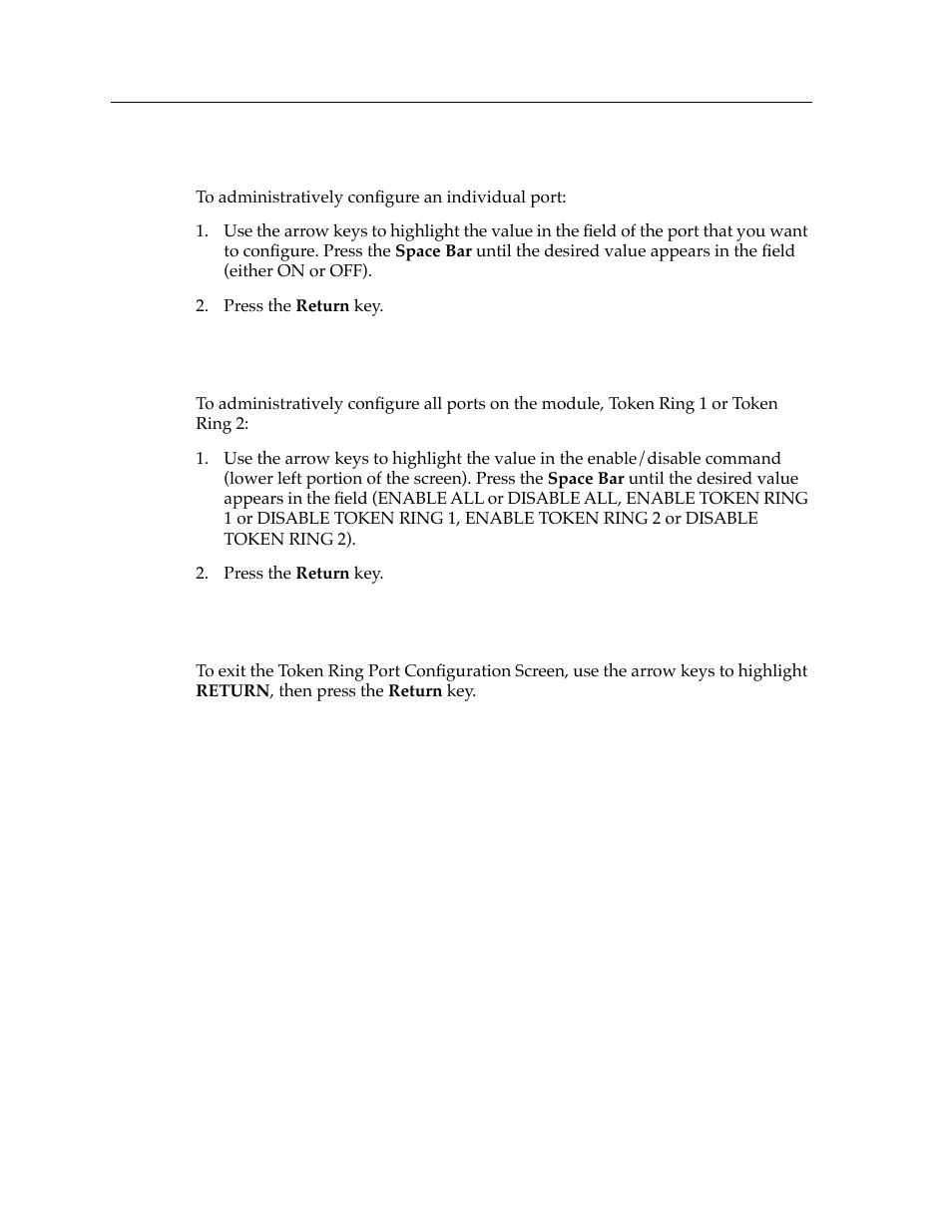 Configuring (administratively) an individual port, Configuring (administratively) all ports, Exiting the token ring port configuration screen | Cabletron Systems Expansion module 9T122-08 User Manual | Page 20 / 36