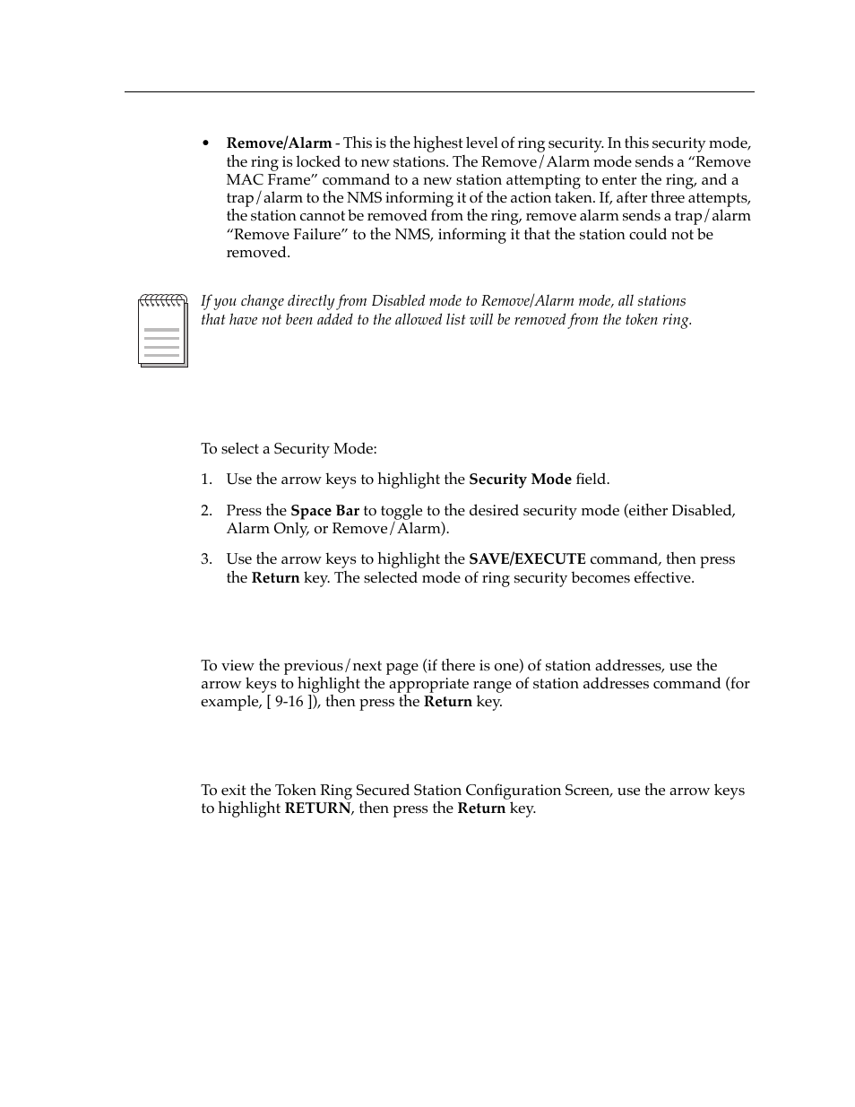 Selecting a security mode, Viewing previous/next page of station addresses | Cabletron Systems Expansion module 9T122-08 User Manual | Page 27 / 36