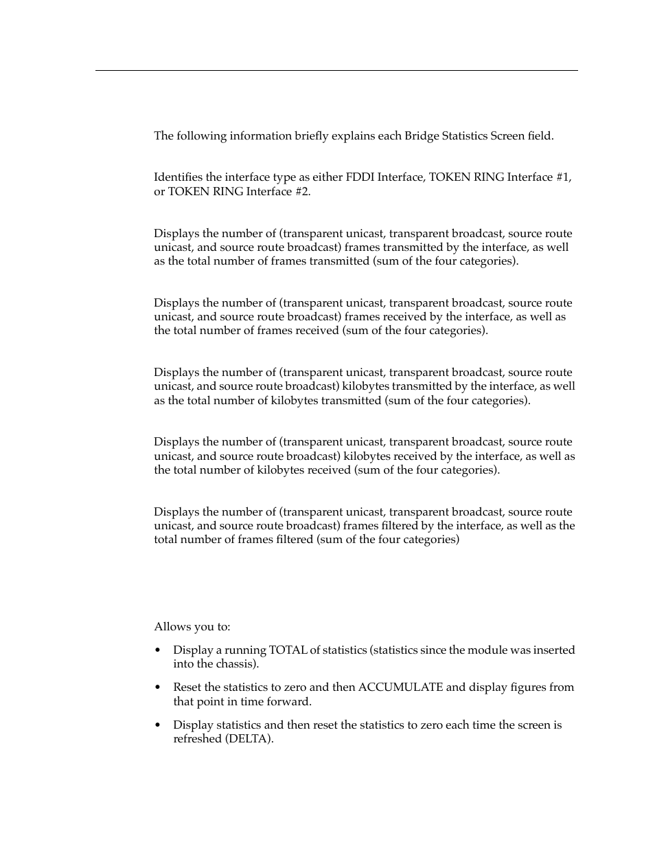 Bridge statistics screen fields, Bridge statistics screen commands | Cabletron Systems Expansion module 9T122-08 User Manual | Page 29 / 36