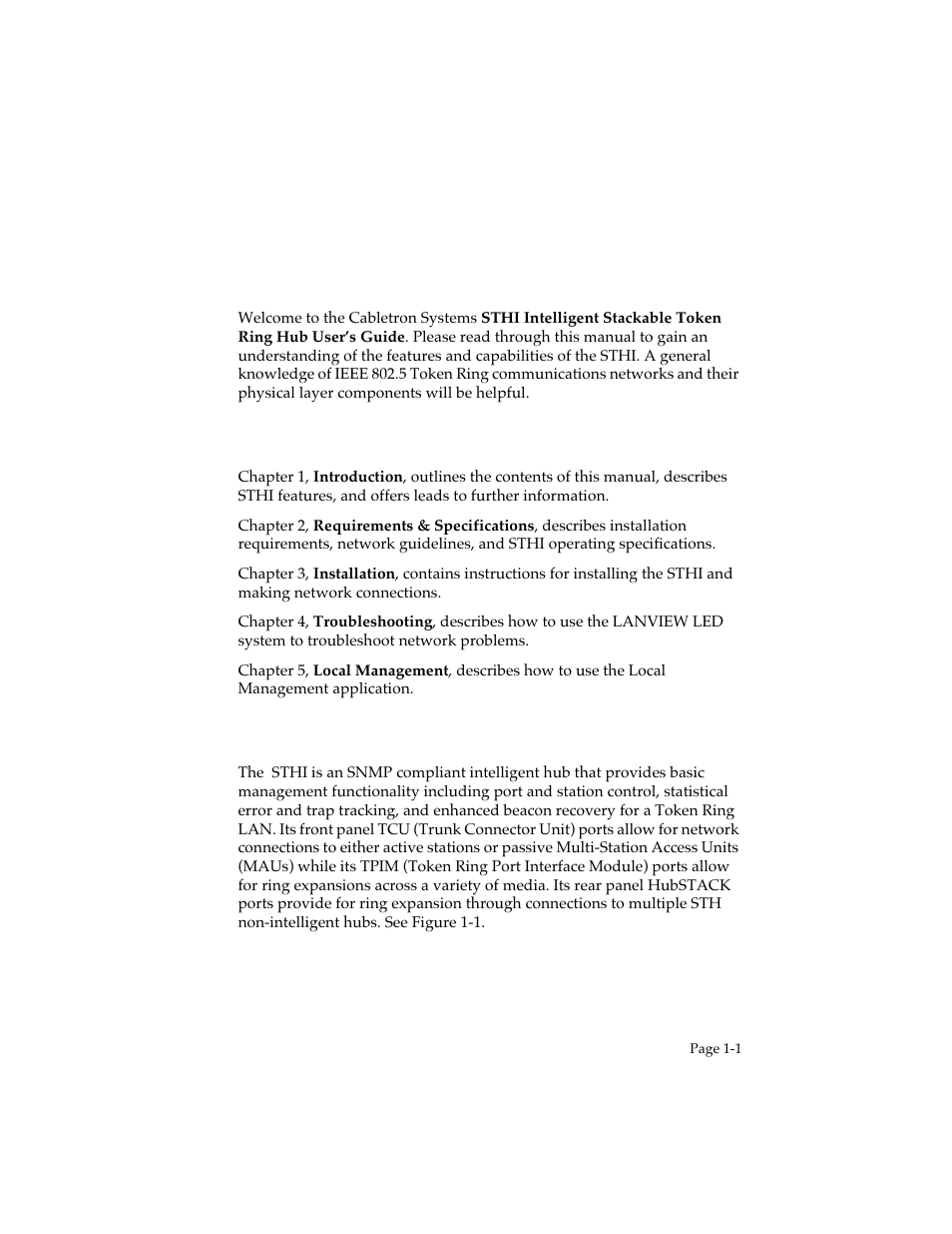 Introduction, 1 contents of this manual, 2 sthi overview | Chapter 1, Contents of this manual -1, Sthi overview -1 | Cabletron Systems STHI User Manual | Page 10 / 77