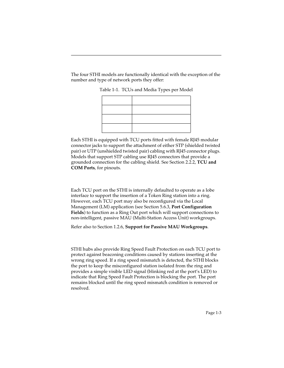 2 tcu ports, Lobe port and multiple ring out port configuration, Ring speed fault protection | Tcu ports -3 | Cabletron Systems STHI User Manual | Page 12 / 77
