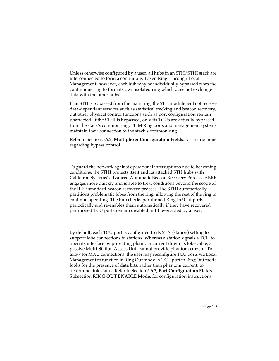 4 hub-by-hub bypass control, 5 automatic beacon recovery process, 6 support for passive mau workgroups | Hub-by-hub bypass control -5, Automatic beacon recovery process -5, Support for passive mau workgroups -5, Refer also to section 1.2.6, Support for passive mau workgroups | Cabletron Systems STHI User Manual | Page 14 / 77