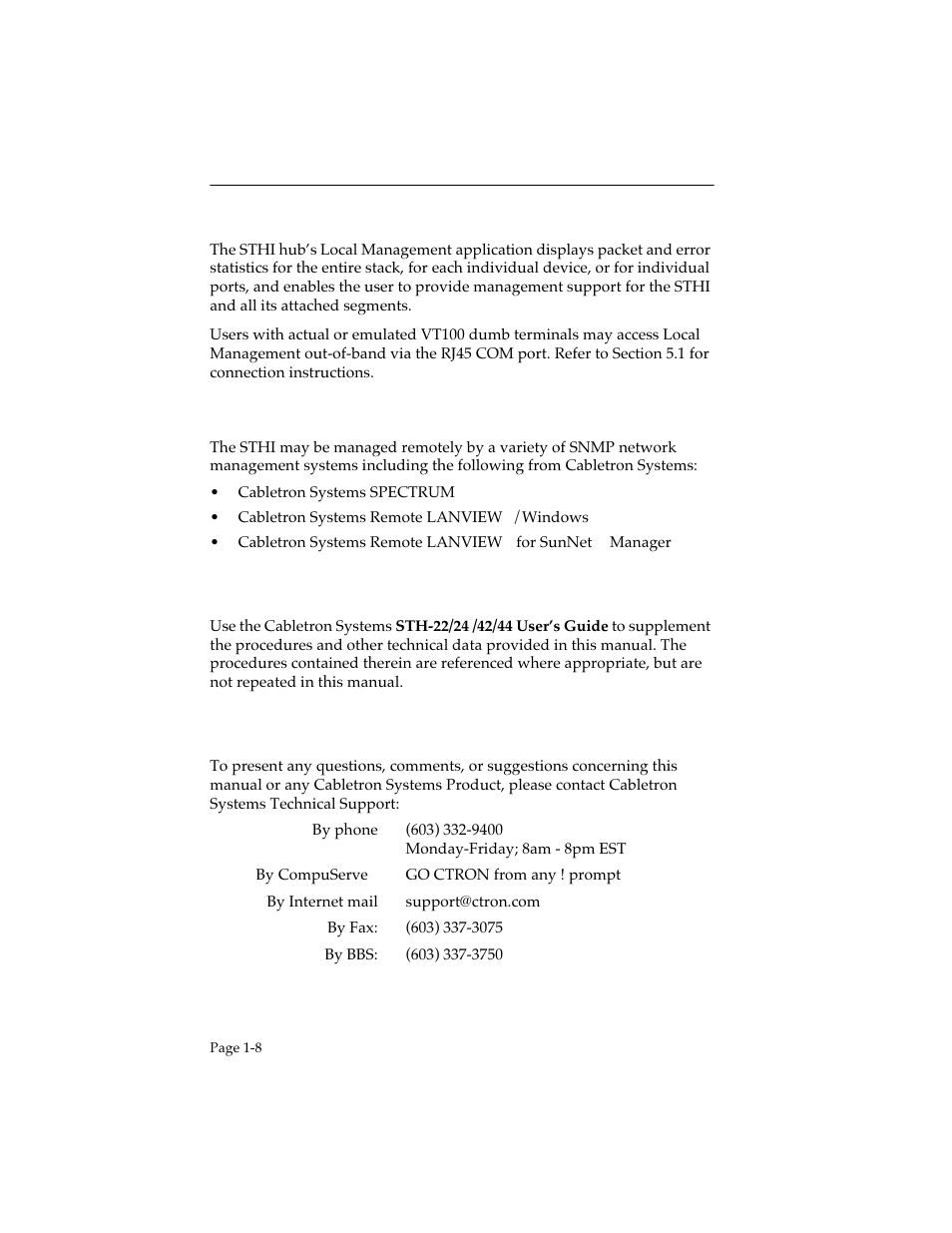 9 local management, 10 remote network management capabilities, 3 related manuals | 4 getting help, Local management -8, 10 remote network management capabilities -8, Related manuals -8, Getting help -8 | Cabletron Systems STHI User Manual | Page 17 / 77