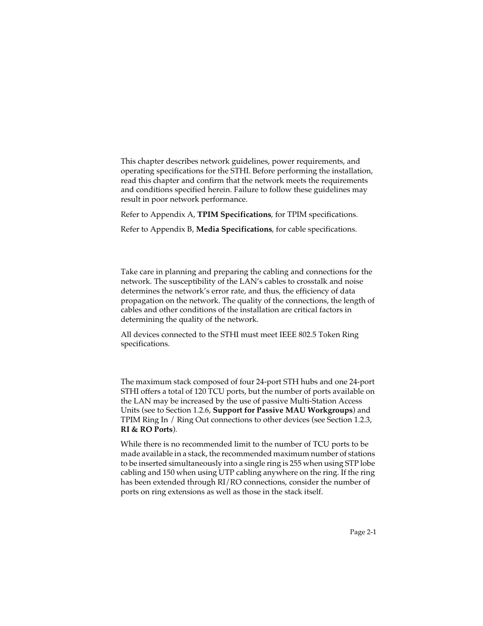 Requirements & specifications, 1 general networking considerations, Maximum number of stations on a ring | Chapter 2, General networking considerations -1, Describes installation | Cabletron Systems STHI User Manual | Page 19 / 77