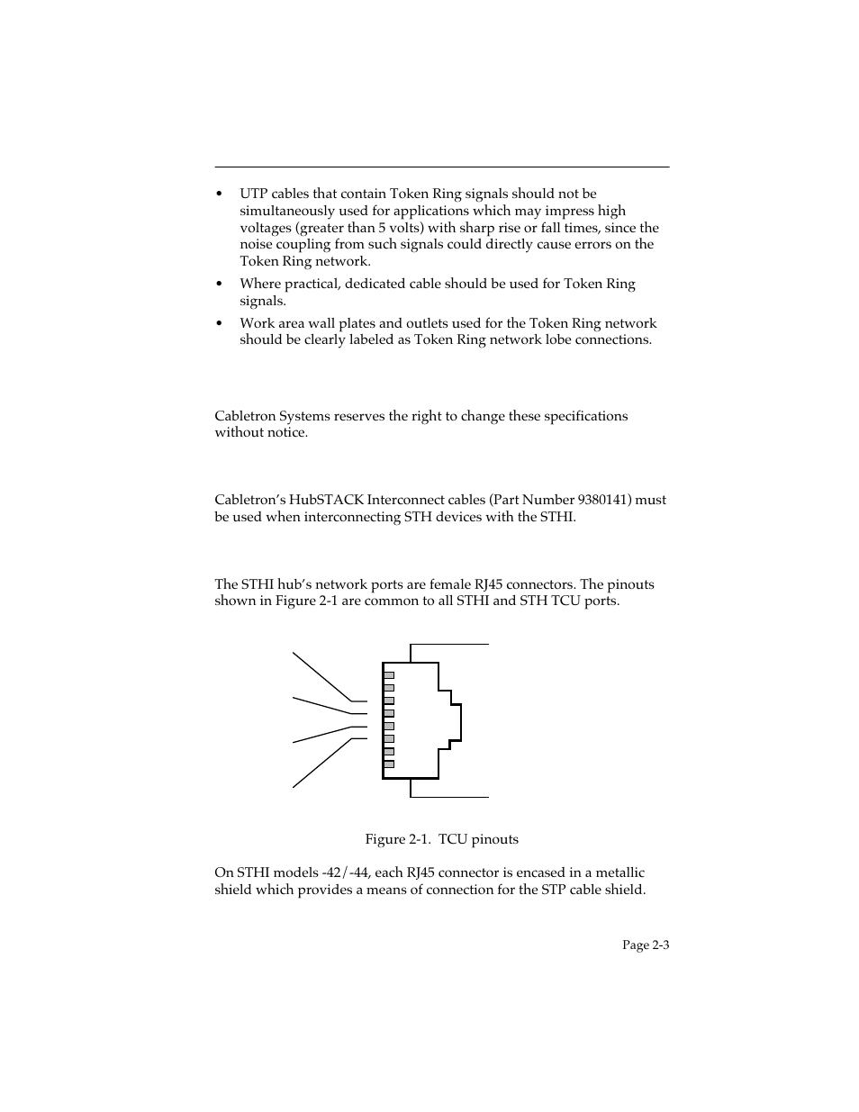 2 operating specifications, 1 hubstack interconnect cables, 2 tcu and com ports | Operating specifications -3 2.2.1, Hubstack interconnect cables -3, Tcu and com ports -3, Tcu and, Com ports | Cabletron Systems STHI User Manual | Page 21 / 77