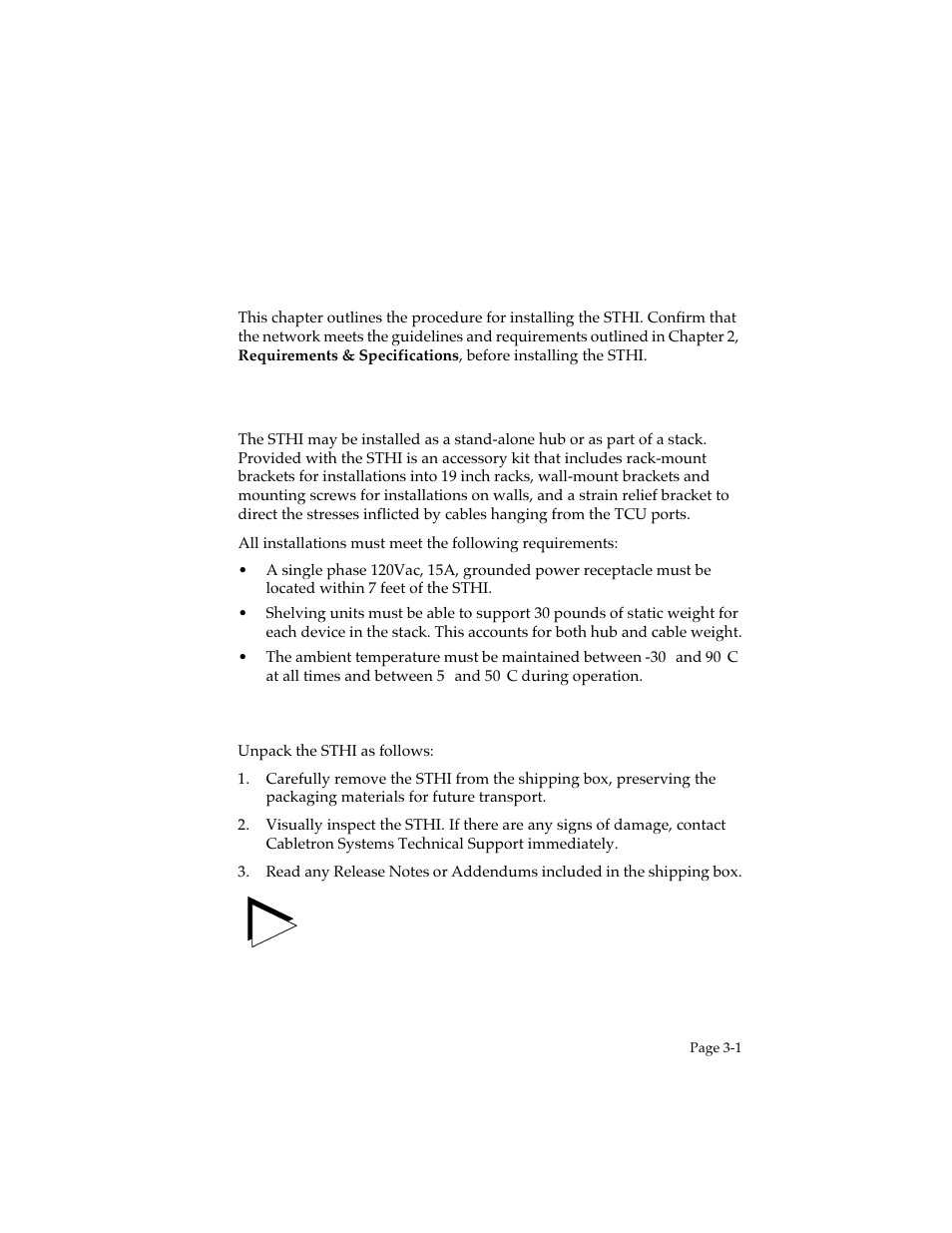 Installation, 1 installing the sthi, 1 unpacking the sthi | Chapter 3, Installing the sthi -1 3.1.1, Unpacking the sthi -1, Installing the sthi, For installation instructions | Cabletron Systems STHI User Manual | Page 26 / 77