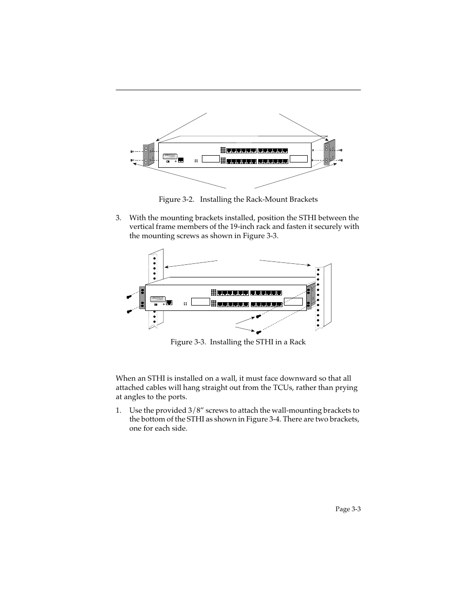5 wall-mounting the sthi, Wall-mounting the sthi -3, Installing the sthi | Page 3-3, Supporting 100 ohm utp cable, With | Cabletron Systems STHI User Manual | Page 28 / 77