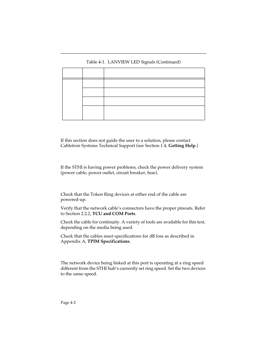 2 trouble resolution, Loss of power, Failure to link on enabled port | Ring speed fault, Trouble resolution -2 | Cabletron Systems STHI User Manual | Page 33 / 77