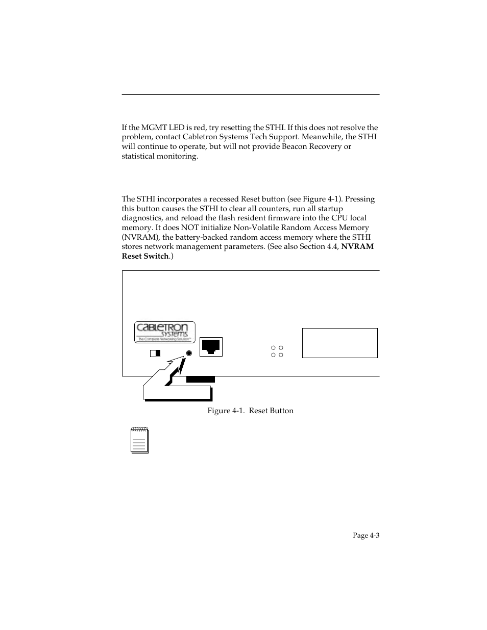 Management failure, 3 the reset button, The reset button -3 | Hubstack, Sthi-24, The reset button, Reset button | Cabletron Systems STHI User Manual | Page 34 / 77