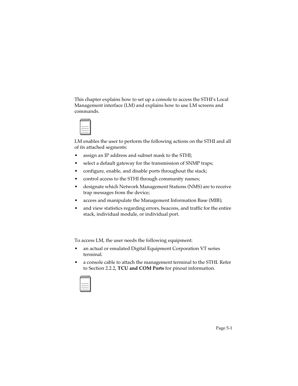 Local management, 1 accessing lm, Chapter 5 | Accessing lm -1 | Cabletron Systems STHI User Manual | Page 36 / 77