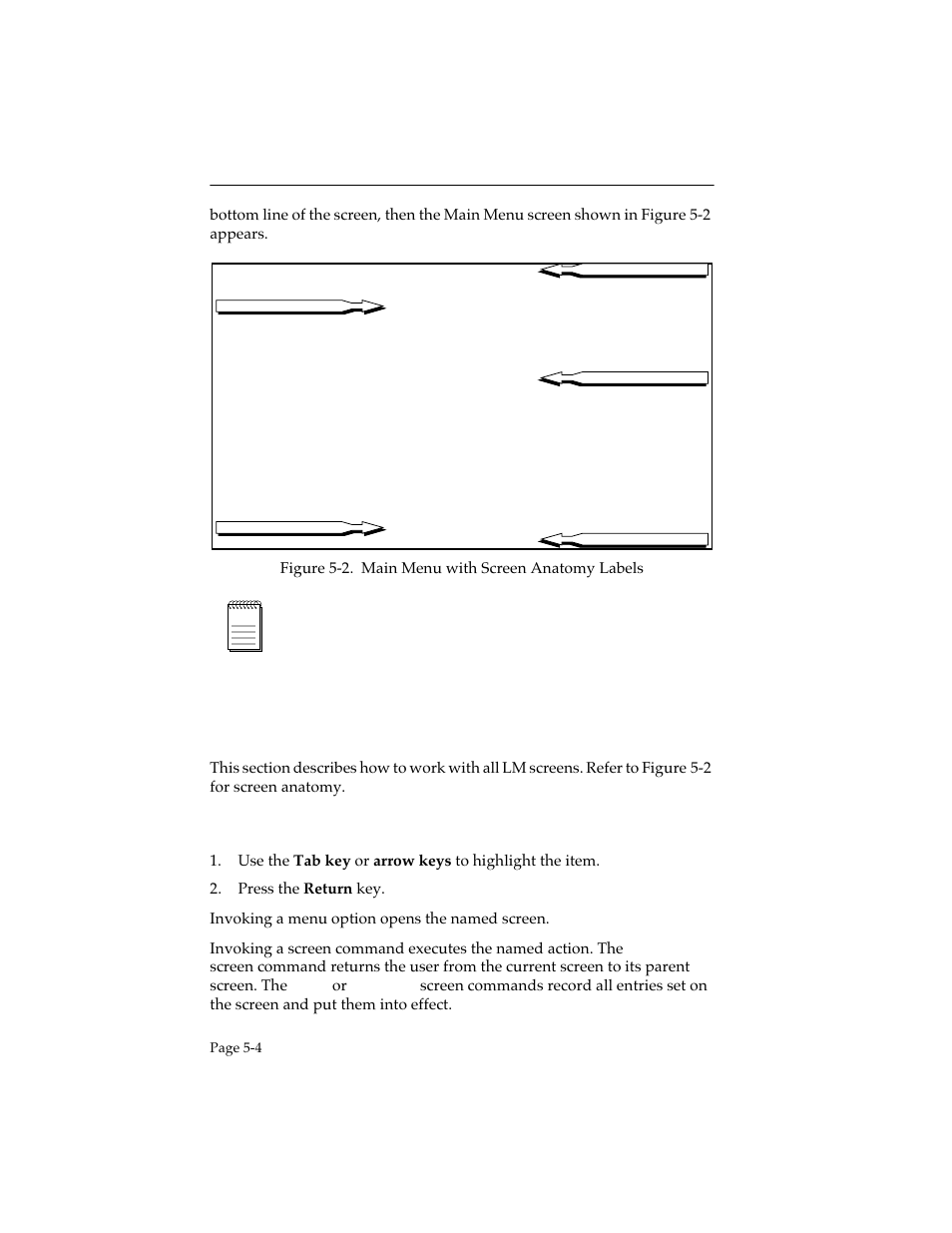 2 using lm screens, 1 working with lm screens, Invoking menu options or screen commands | Using lm screens -4 5.2.1, Working with lm screens -4 | Cabletron Systems STHI User Manual | Page 39 / 77