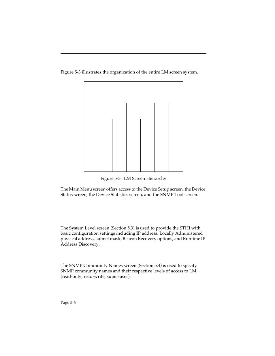 2 screen hierarchy, 3 screen introductions, System level | Snmp community names, Screen hierarchy -6, Screen introductions -6 | Cabletron Systems STHI User Manual | Page 41 / 77
