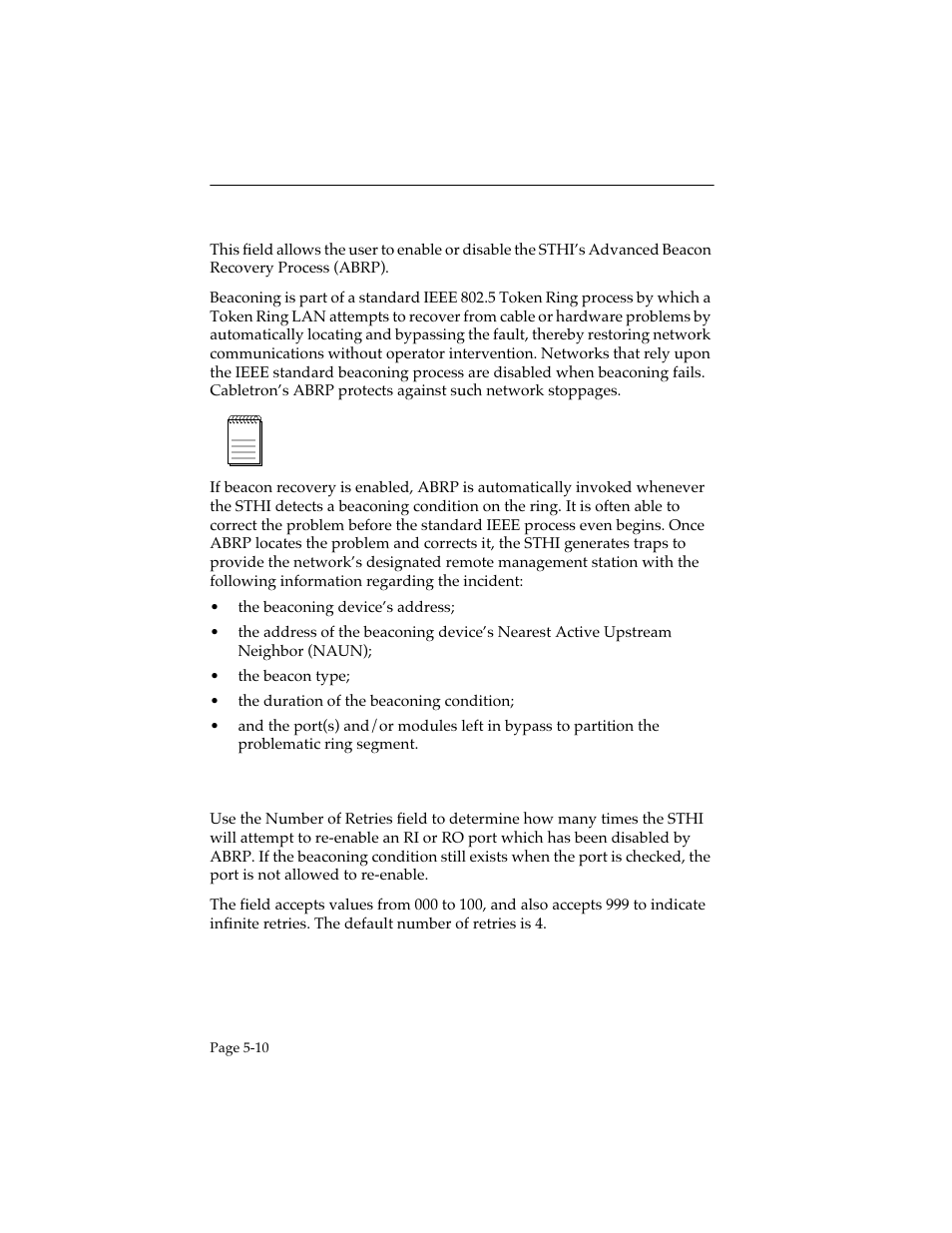 5 enable beacon recovery, Number of retries, Enable beacon recovery -10 | Cabletron Systems STHI User Manual | Page 45 / 77