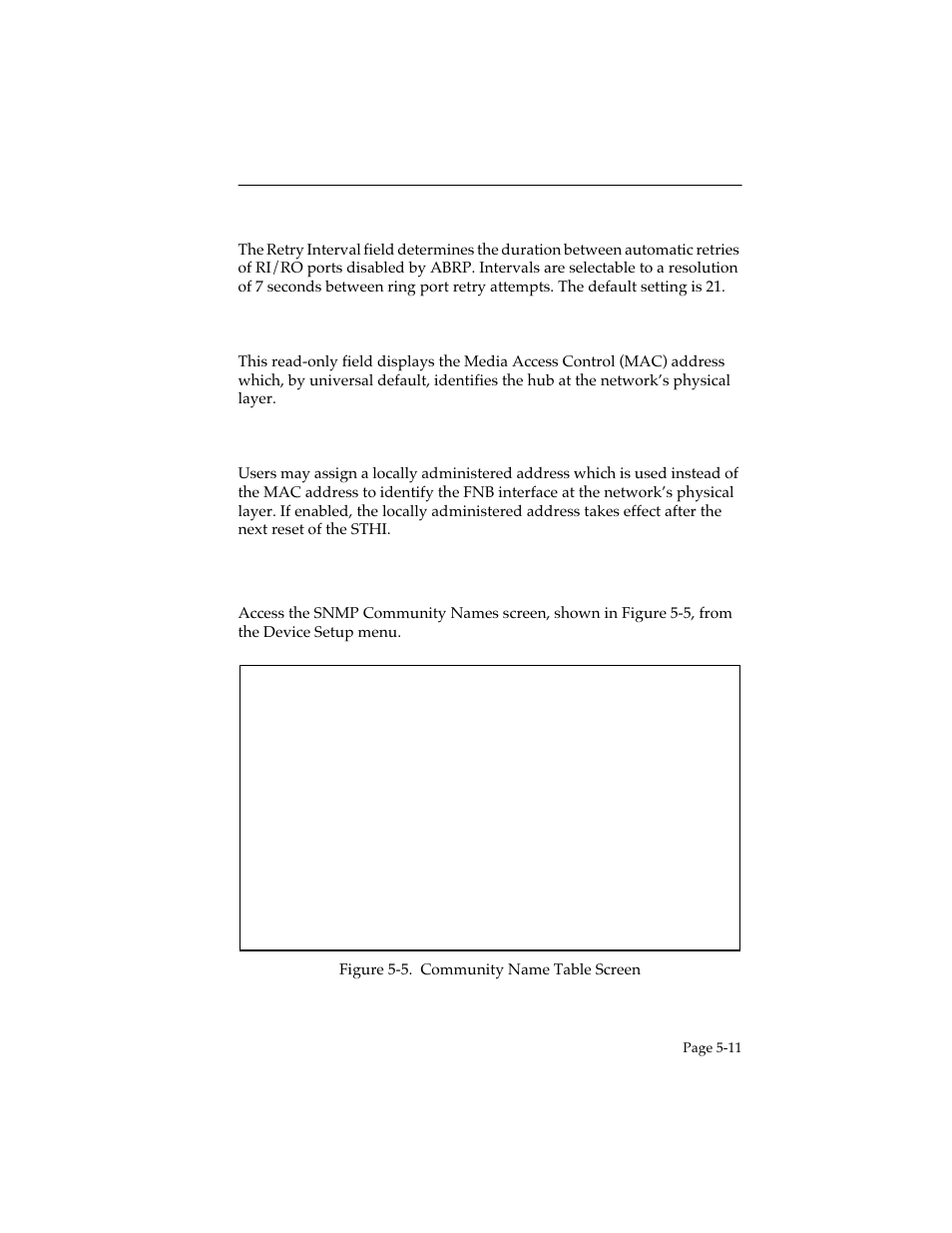 Retry interval, 6 mac address, 7 locally administered address | 4 the snmp community names screen, Mac address -11, Locally administered address -11, The snmp community names screen -11 | Cabletron Systems STHI User Manual | Page 46 / 77