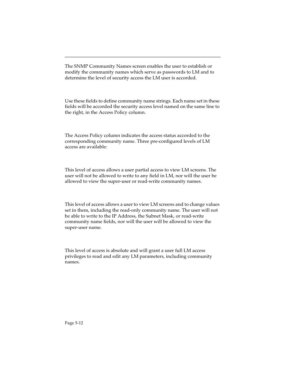 1 community name, 2 access policy, Read-only | Read-write, Super-user, Community name -12, Access policy -12 | Cabletron Systems STHI User Manual | Page 47 / 77