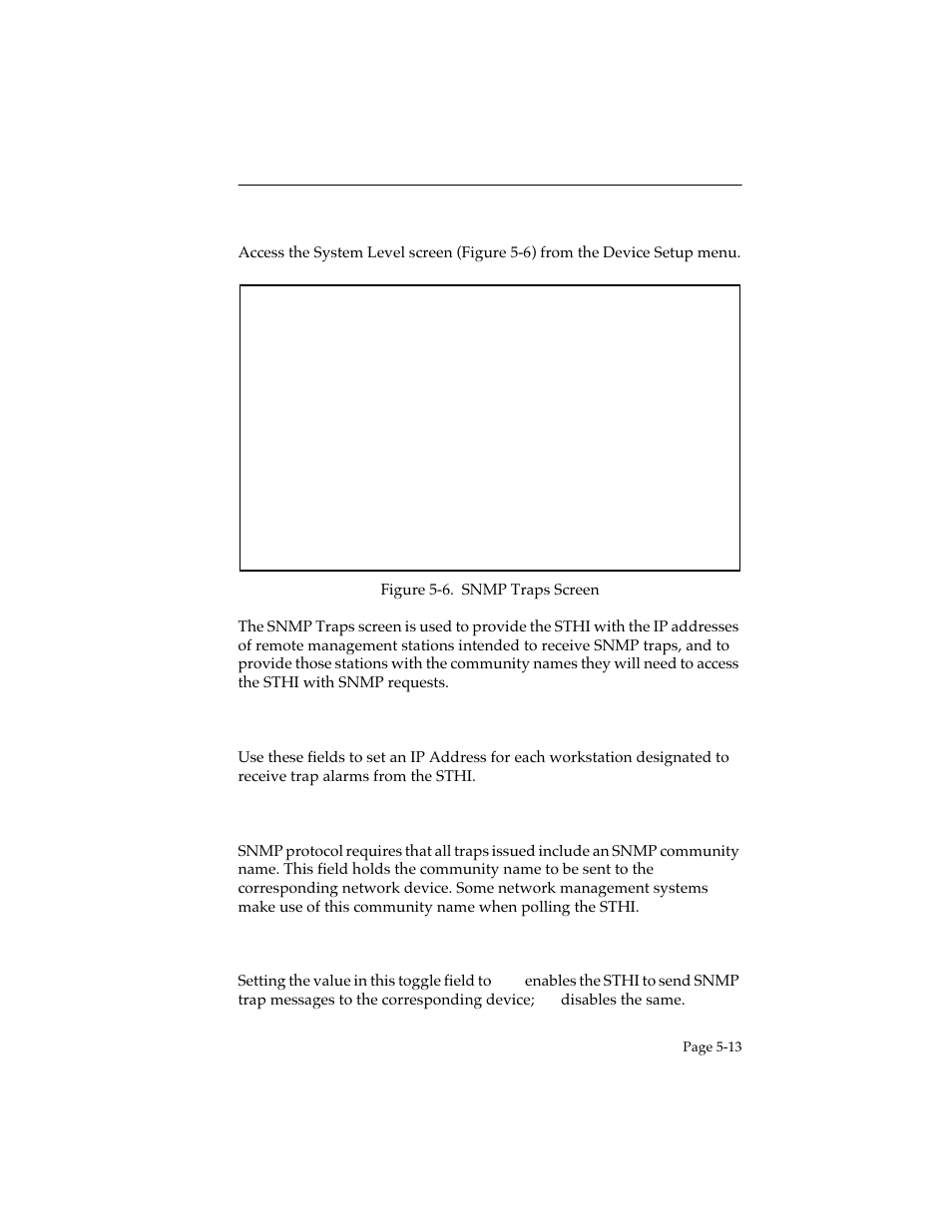 5 the snmp traps screen, 1 trap destination, 2 trap community name | 3 enable traps, The snmp traps screen -13, Trap destination -13, Trap community name -13, Enable traps -13 | Cabletron Systems STHI User Manual | Page 48 / 77