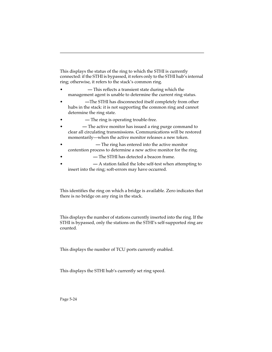 Ring status, Ring number, Stations on a ring | Ports enabled, Ring speed | Cabletron Systems STHI User Manual | Page 59 / 77