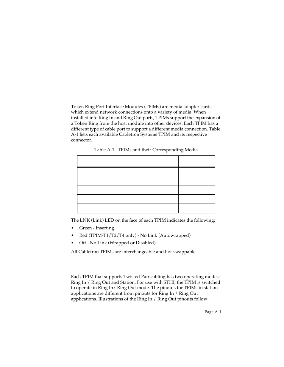 Tpim specifications, A.1 overview, A.2 twisted pair tpim pinouts | Appendix a, Refer to appendix a, For tpim specifications | Cabletron Systems STHI User Manual | Page 68 / 77