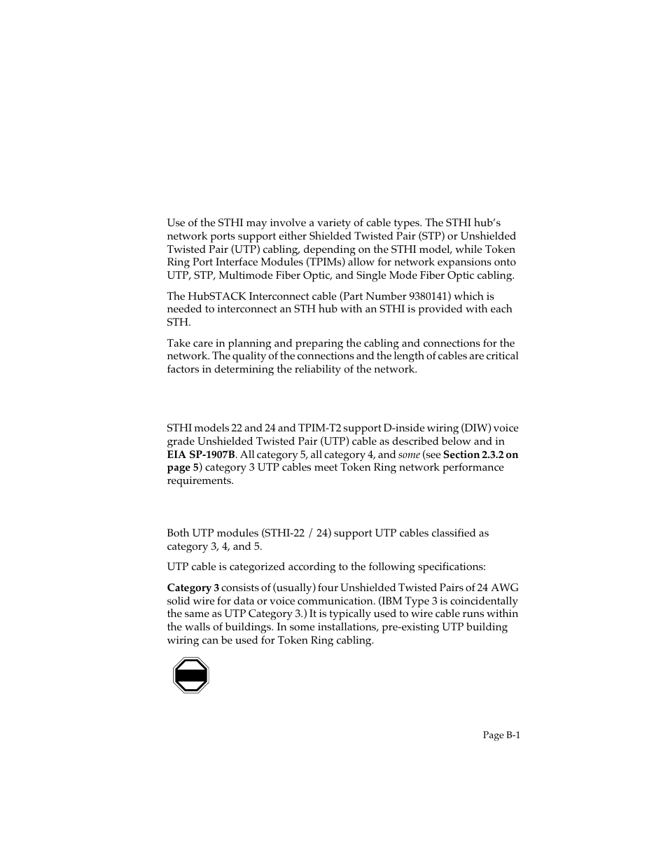 B.1 unshielded twisted pair (utp), B.1.1 utp cable categories, Media specifications | Appendix b, Refer to appendix b, For cable specifications | Cabletron Systems STHI User Manual | Page 73 / 77