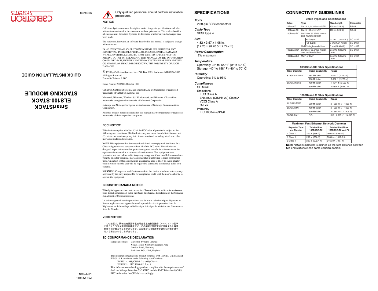 Smartstac k els100-stac k stacking module, Specifications, Qu ic k in stalla tio n g uid e | Connectivity guidelines | Cabletron Systems ELS100 User Manual | Page 2 / 2