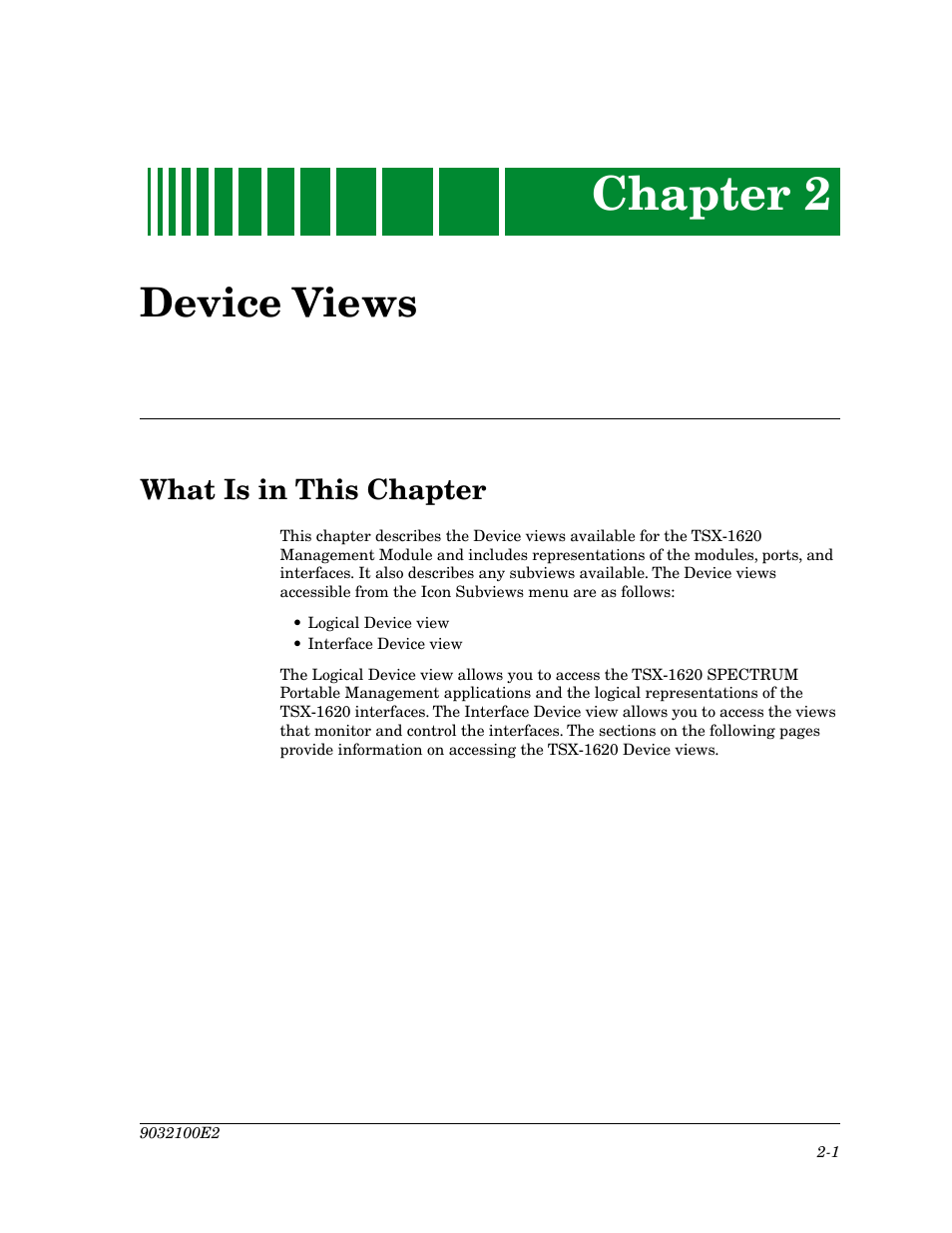 Device views, What is in this chapter, Chapter 2 | What is in this chapter -1 | Cabletron Systems TSX-1620 User Manual | Page 18 / 46