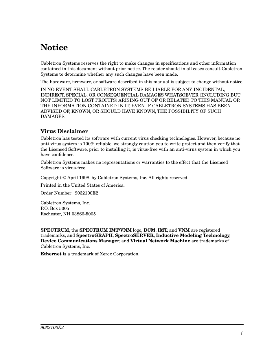 Notice | Cabletron Systems TSX-1620 User Manual | Page 2 / 46