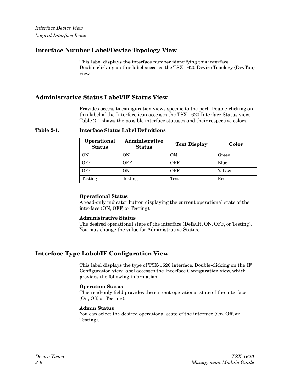 Interface number label/device topology view, Administrative status label/if status view, Interface type label/if configuration view | Table 2-1, Interface status label definitions -6 | Cabletron Systems TSX-1620 User Manual | Page 23 / 46