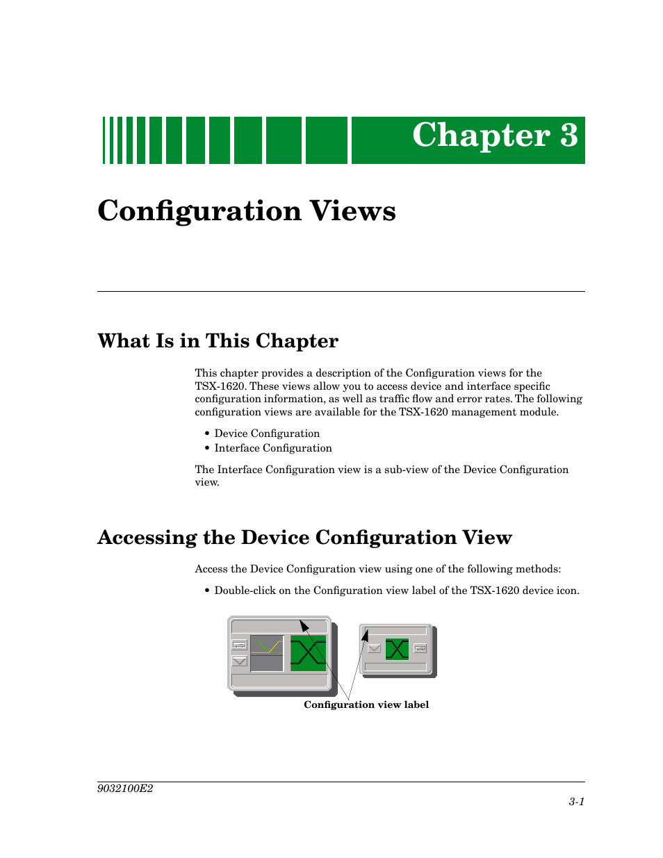 Configuration views, What is in this chapter, Accessing the device configuration view | Chapter 3, Conþguration views, Accessing the device conþguration view | Cabletron Systems TSX-1620 User Manual | Page 30 / 46