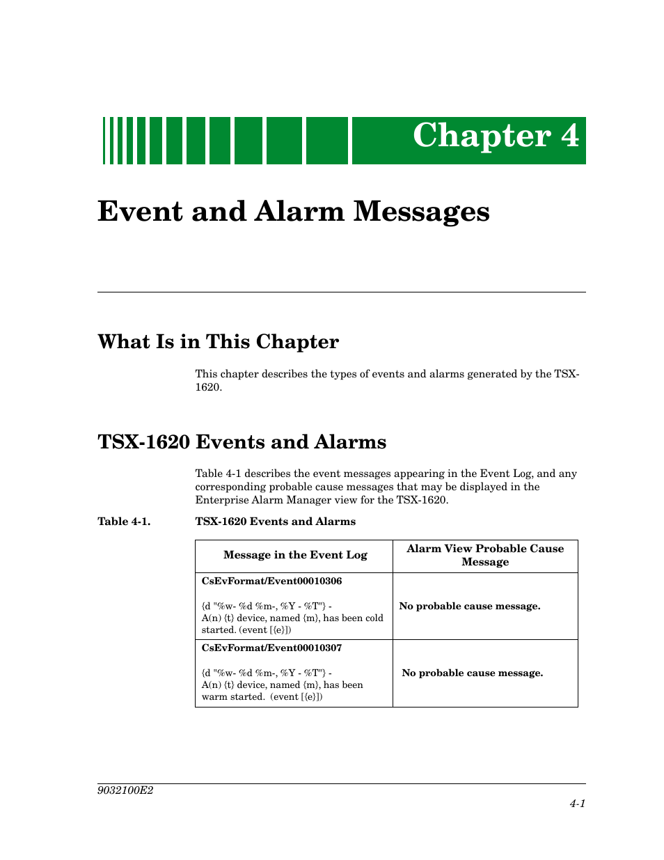 Event and alarm messages, What is in this chapter, Tsx-1620 events and alarms | Chapter 4, Table 4-1, Tsx-1620 events and alarms -1 | Cabletron Systems TSX-1620 User Manual | Page 34 / 46