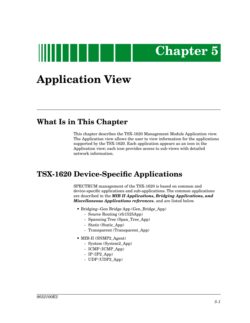 Application view, What is in this chapter, Tsx-1620 device-specific applications | Chapter 5, Tsx-1620 device-speciþc applications | Cabletron Systems TSX-1620 User Manual | Page 36 / 46